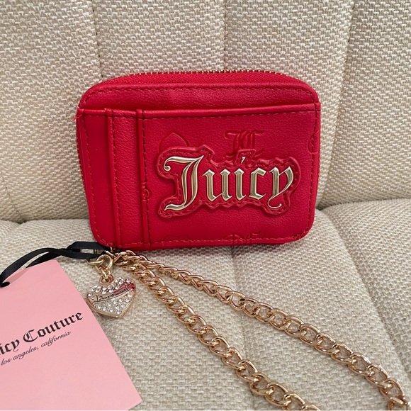 NEW Juicy Couture Red Liquid Gold Logo Small Square‎ Zip Card Case Chain Wallet - Picture 1 of 5